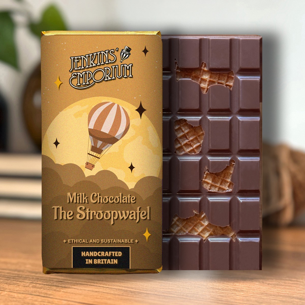 A chocolate bar with pieces of stroopwafel